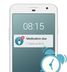 Phone screen displaying medication reminder and alarm clock