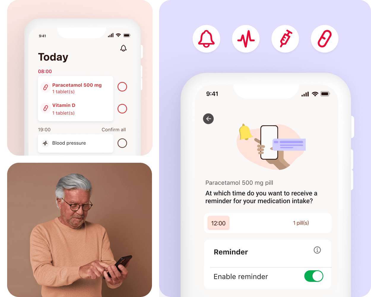 The image consists of three tiles. The tile in the top left shows a screenshot of the MyTherapy app home screen. The tile in the bottom left shows a man with gray hair in a peach sweater using a smartphone. The tile on the right shows a smartphone and a screen from the MyTherapy app. The screen’s heading is: "Möchten Sie daran erinnert werden, Ihren Medikamentenbestand aufzufüllen?"