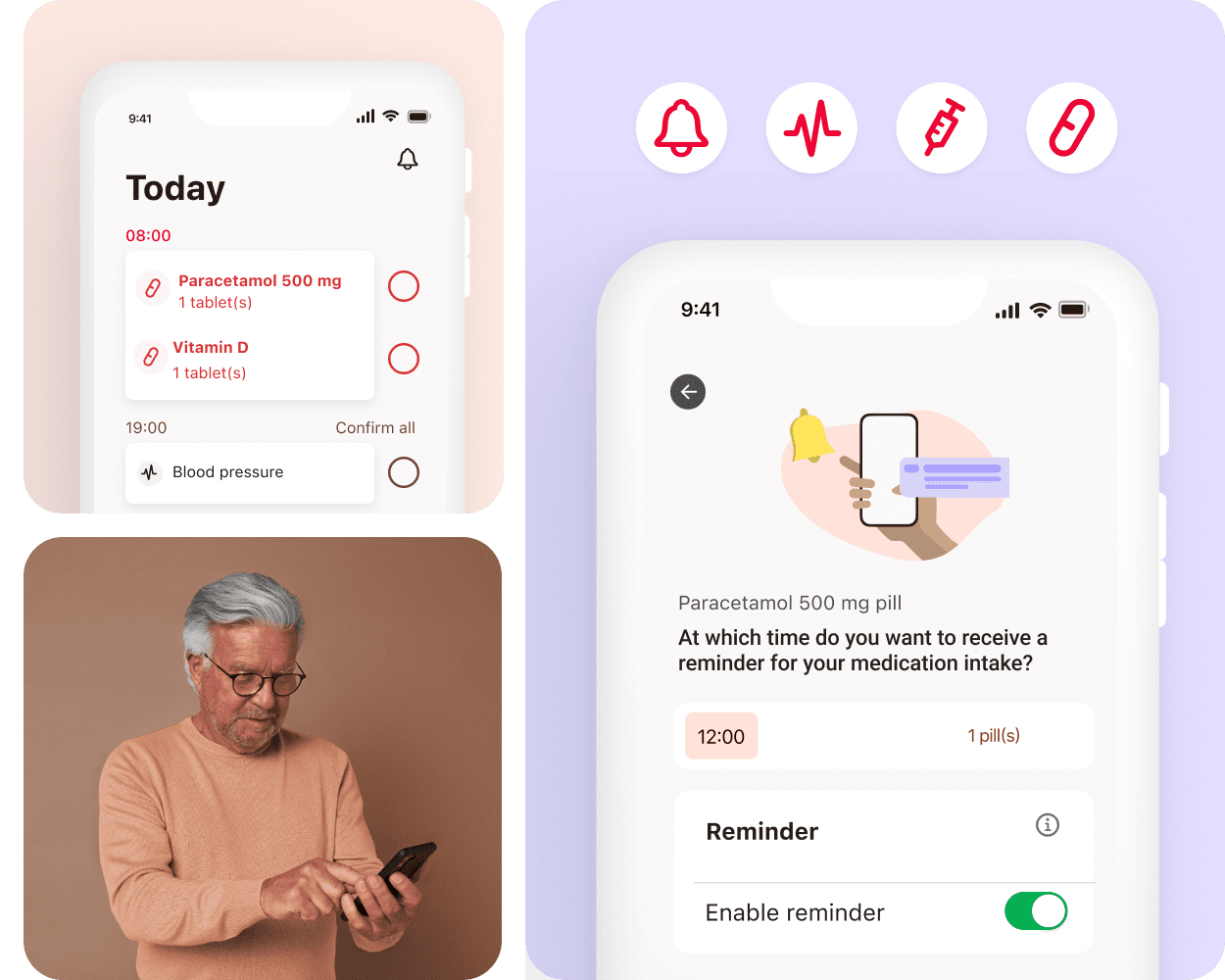 The image consists of three tiles. The tile in the top left shows a screenshot of the MyTherapy app home screen. The tile in the bottom left shows a man with gray hair in a peach sweater using a smartphone. The tile on the right shows a smartphone and a screen from the MyTherapy app. The screen’s heading is: "Möchten Sie daran erinnert werden, Ihren Medikamentenbestand aufzufüllen?"