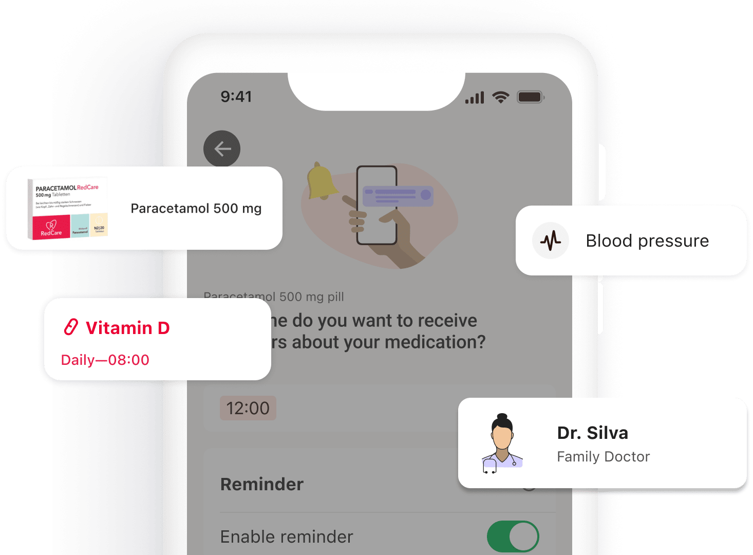 Medication reminders, refill reminders, blood pressure management and a reminder for doctor's appointments are shown in this picture.