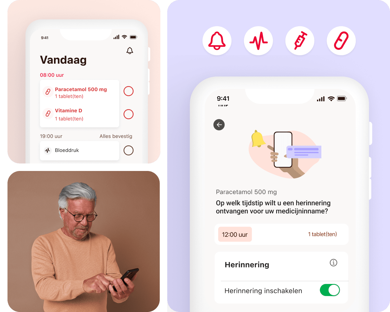 De afbeelding bestaat uit drie tegels. De tegel linksboven toont een screenshot van het startscherm van de MyTherapy-app. De tegel linksonder toont een man met grijs haar in een perzikkleurige trui die een smartphone gebruikt. De tegel rechts toont een smartphone en een scherm van de MyTherapy-app. De kop van het scherm is: "Möchten Sie daran erinnert werden, Ihren Medikamentenbestand aufzufüllen?"